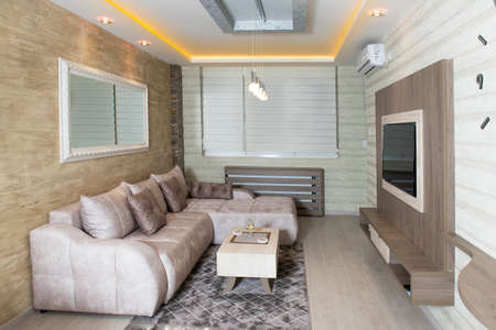 Cozy modern living room with smart appliancesの写真素材