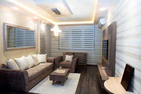 Cozy modern living room with smart appliancesの写真素材