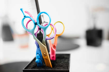 Scissors in a modern creative hair salonの写真素材