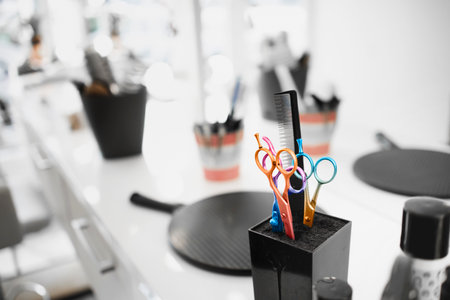 Scissors in a modern creative hair salonの写真素材