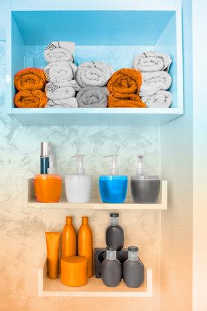 Colorful bottles of cosmetics in a hair salonの写真素材