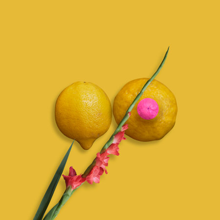 Yellow lemons on a yellow background representing breast cancerの写真素材
