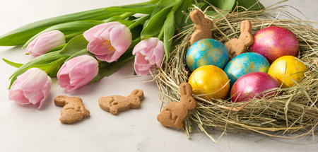 Easter eggs in a straw nest, Easter bunny cookies and tender pink tulips lie on the background of a white tableの写真素材