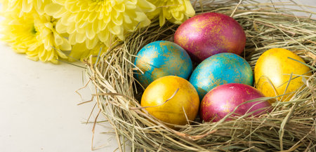 Easter eggs in a straw nest, Easter bunny cookies and yellow flowers lie on the background of a...