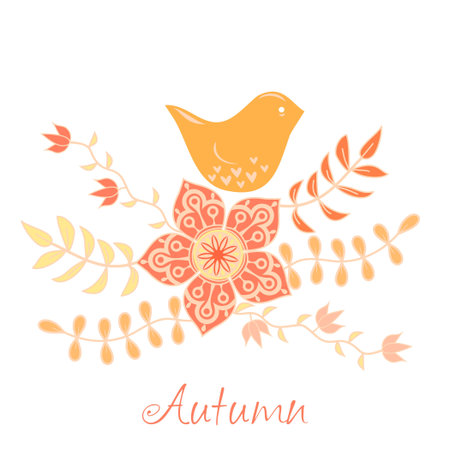 Vintage romantic background with bird. Bird, floral card in autumnal themeのイラスト素材