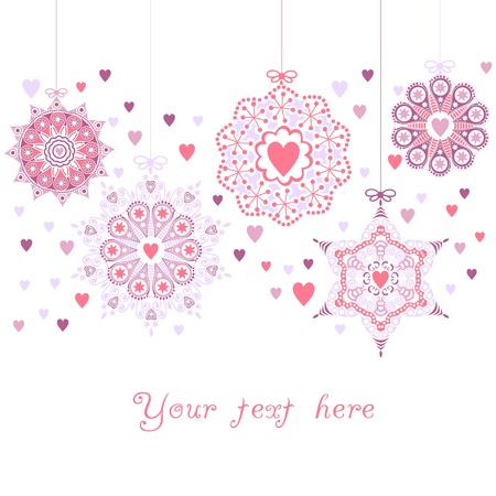 ornate christmas balls in hearts snowfallのイラスト素材