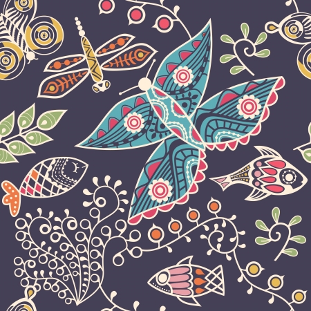 nature seamless texture, endless pattern with flowers and butterfliesのイラスト素材