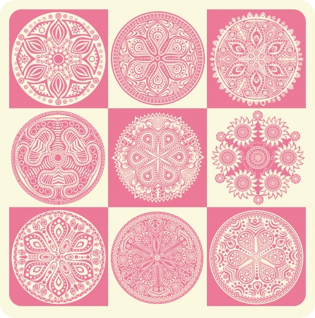 Indian ornament, kaleidoscopic floral pattern, mandala. Set of ornament lace. のイラスト素材