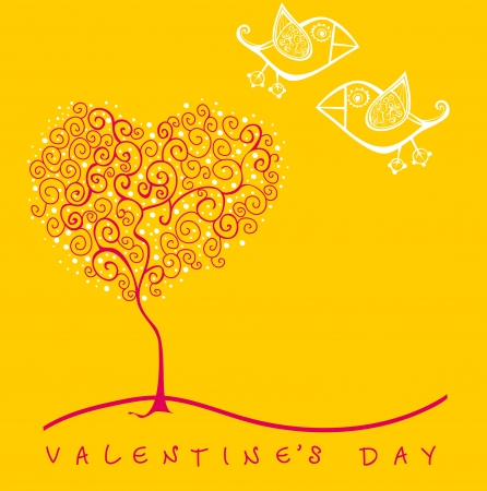 cartoon birds above romantic flowers holding heart, Valentine's Day Heart Bannerのイラスト素材