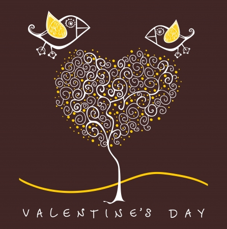 cartoon birds above romantic flowers holding heart, Valentine's Day Heart Bannerのイラスト素材