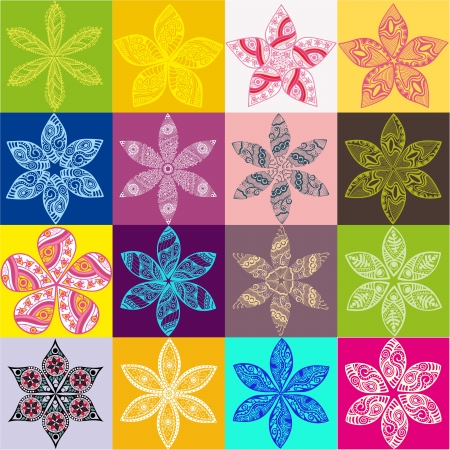 Set of four colorful floral patterns.Copy square to the side and you'll get seamlessly tiling pattern which gives the resulting image ability to be repeated or tiled without visible seams.のイラスト素材