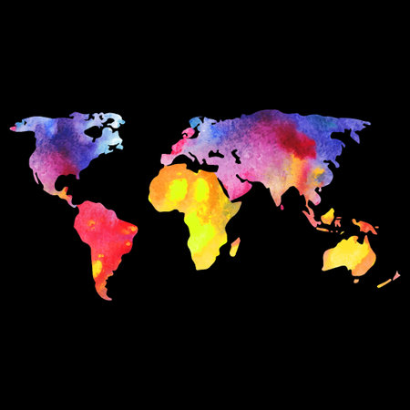 World map painted with watercolors, painted world map on black background.のイラスト素材