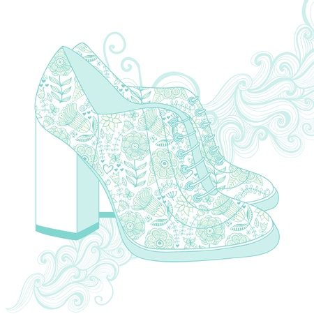 A high-heeled vintage shoes with flowers fabric. High heels background with place for you textのイラスト素材