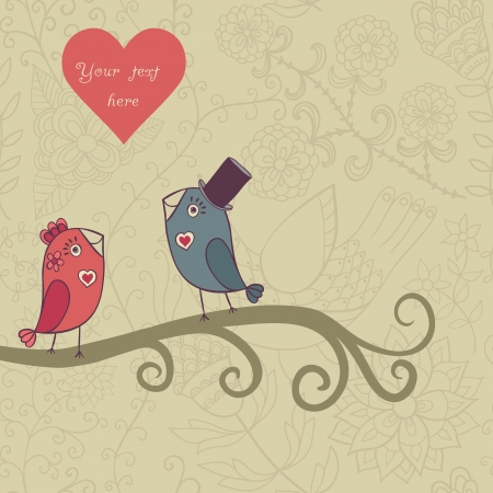 Beautiful birds in love.Illustration of cartoon birds on branch, two romantic birds sitting on the tree. Valentine's day card with place for your text.のイラスト素材