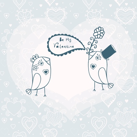Beautiful birds in love.Illustration of cartoon birds on branch, two romantic birds sitting on the tree. Valentine's day card with place for your text.のイラスト素材