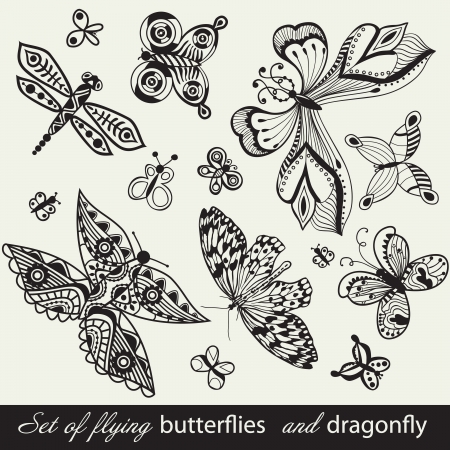 Butterfly Background, vintage insect set, collection of butterflies and dragonfly, set of butterflies silhouettes isolated on white backgroundのイラスト素材