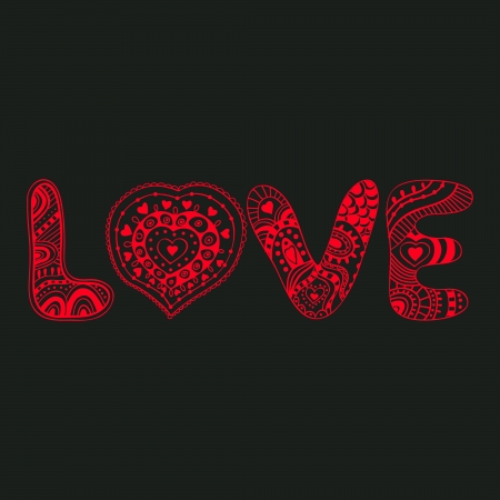 Original hand drawn word "love". Romantic floral background with love, vector doodle. Card design.のイラスト素材