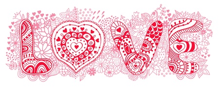 Original hand drawn word "love". Romantic floral background with love, vector doodle. Card design.のイラスト素材