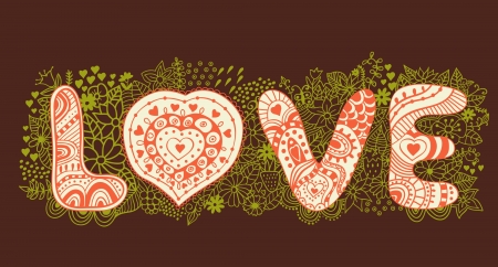 Original hand drawn word "love". Romantic floral background with love, vector doodle. Card design.のイラスト素材