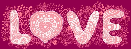 Original hand drawn word "love". Romantic floral background with love, vector doodle. Card design.のイラスト素材