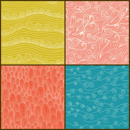 Set of four seamless abstract hand-drawn pattern, waves background. のイラスト素材