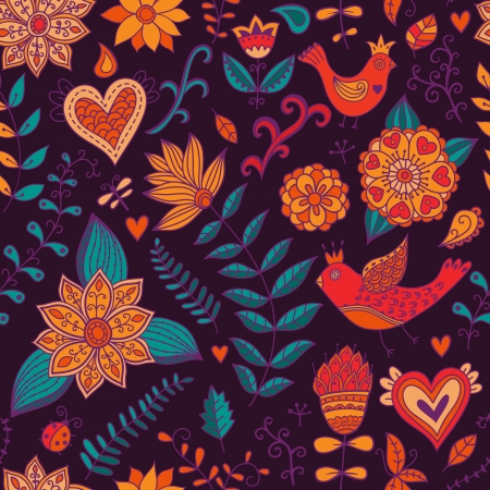 Seamless texture with flowers, birds and butterflies. Seamless pattern can be used for wallpaper, pattern fills, web page background,surface textures. Gorgeous seamless floral backgroundのイラスト素材