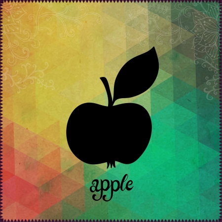 Apple silhouette on hipster background made of triangles with grunge paper. Retro background with floral ornament and geometric shapes.Black Silhouette.Vector Illustration. Label. Lettering "Apple"のイラスト素材