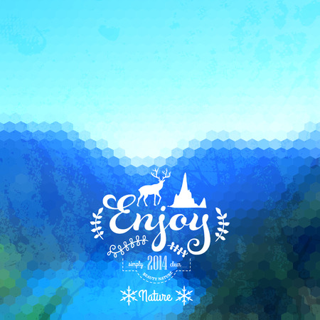 Vector. Defocused background. summer landscape abstract background. Beautiful Nature.Blurred background. Mountain lake. Backdrop. Calligraphic decoration with deer. Enjoy concept. Wreath. Lettering.のイラスト素材