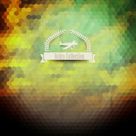 Vector hipster badge. Sunset. Sky. Clouds. Retro label design with airplane. Hexagon. Laurel wreath label with plane. Retro backdrop. Blur. Bokeh. Landscape. のイラスト素材