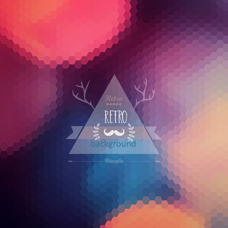 Vector hipster background. Retro label design. Infographics composition with geometric shapes. Mustache. Hexagon. Triangle label with wreath and deer antlers. Retro backdrop. Blur. Bokeh.のイラスト素材
