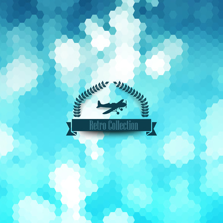 Vector hipster background. Retro badge design. Vector hipster badge. Sky. Clouds. Hexagon. Laurel wreath label with plane. Retro backdrop. Airplane. Retro backdrop. Winter blue boheh. のイラスト素材