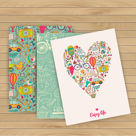 Floral banner for life events, vector on wood background. Place for text. Pattern is complete (masked). のイラスト素材