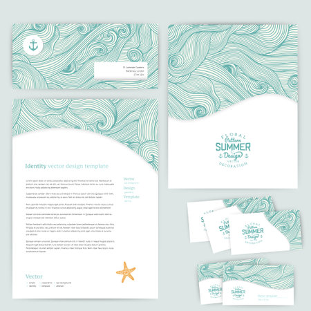 Vector corporate identity, wave pattern. Abstract backdrop. Maritime banner design template. Brand, visualization, corporate identity business set. Identity Design Template. Card, envelope.のイラスト素材