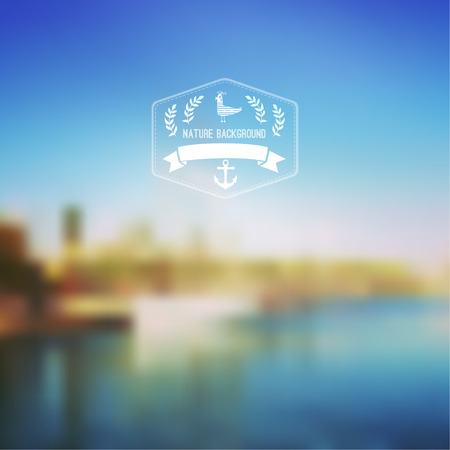 Vector seaside landscape with hipster badge. Outdoor. Barcelona seafront view with hipster badge. Vacation, travel, tour blurry backdrop. Blurred. Hexagon badge label, 	
sky-blue, reflected in waterのイラスト素材