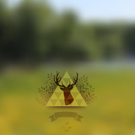 Vector landscape, nature web and mobile template. Corporate website design. Multifunctional media backdrop. Deer head. Vector blurred background. Triangle floral badge label. Arrows. Hipster.のイラスト素材