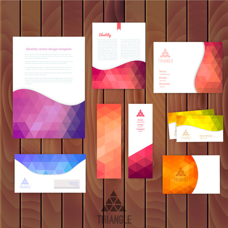 Vector corporate identity, wave pattern. Abstract backdrop.Geometric banner design template. Brand, visualization, corporate business set. Identity Design Template. Card, envelope. Wood textureのイラスト素材
