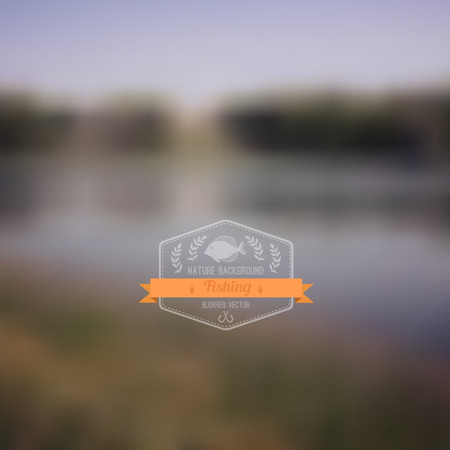 Vector forest landscape with badge. Simple nature with hipster badge.Forest retro laurel wreath label design with fish and ribbon. Retro backdrop. Blur. Fishing. Fishing Labelのイラスト素材