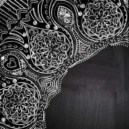 Chalk floral corner on chalkboard blackboardの写真素材