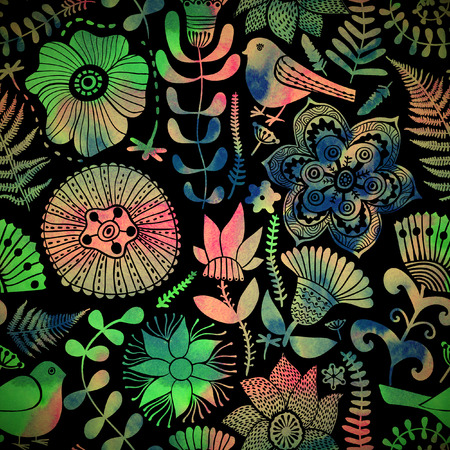 Watercolor texture with flowers and birds.Copy that square to the side,you'll get seamlessly tiling pattern which gives the resulting image the ability to be repeated or tiled without visible seams.の写真素材