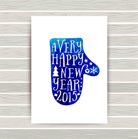 Vector watercolor mitten silhouette design card, Merry Christmas and Happy New Year lettering, typography composition. Greeting card on wood background, winter theme illustration. Wish. Wood texture.のイラスト素材