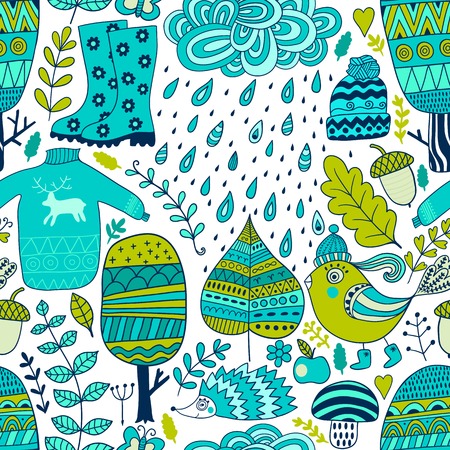 Vector seamless pattern, doodling autumn design. Hand draw trees and leafs over the city. Season of the rain, illustration, cute background. Color doodle backgroundのイラスト素材