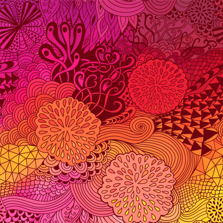 Vector doodling  background. Wave hand-drawn layout, waves background, tangled ornament, autumn colorsのイラスト素材