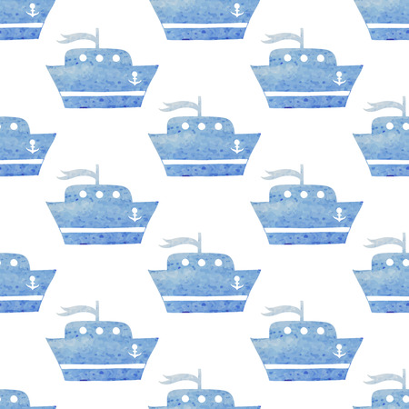 Kids seamless vector watercolor pattern with ships, boats on whiteのイラスト素材