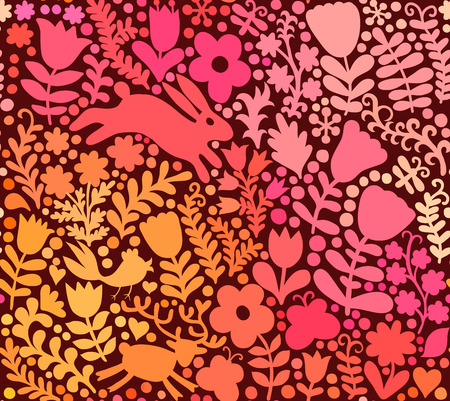 vector seamless texture with flowers, birds and butterflies. Autumn seamless floral background, forest illustration, backdropのイラスト素材