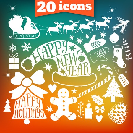 Vector Merry Christmas collection, New Year bundle icons, doodles element for Christmas design. Set of winter holidays silhouette on triangles background. Xmas decoration elements, classic retro iconのイラスト素材