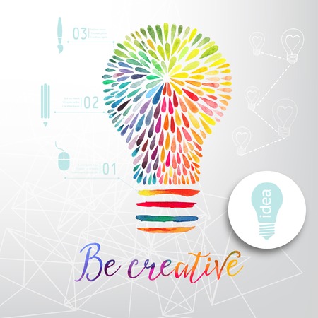 Light bulb made of watercolor, lightbulb and creative icons, watercolor creative concept. Vector concept - creativity and idea. Lettering. quote. Creative light bulbのイラスト素材