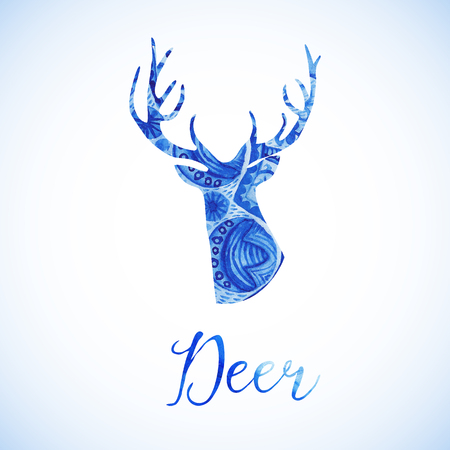 Watercolor traditional russian ornament, deer head silhouetteのイラスト素材