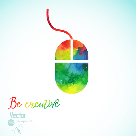 Creativity concept with colorful mouse. Artist at work. Symbol of visual art. Vector illustration. Watercolor silhouette of mouse. Creativity concept with colorful pen. Computer mouse painting.のイラスト素材