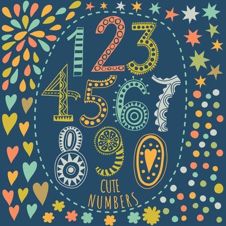 Whimsical hand drawn numbers, from one to zero. Hand-drawn numbers. Vector sketch illustration isolated on white backgroundのイラスト素材