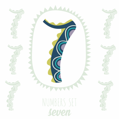 Whimsical hand drawn number 7 seven. Hand-drawn numbers. Vector sketch illustration isolated on white backgroundのイラスト素材